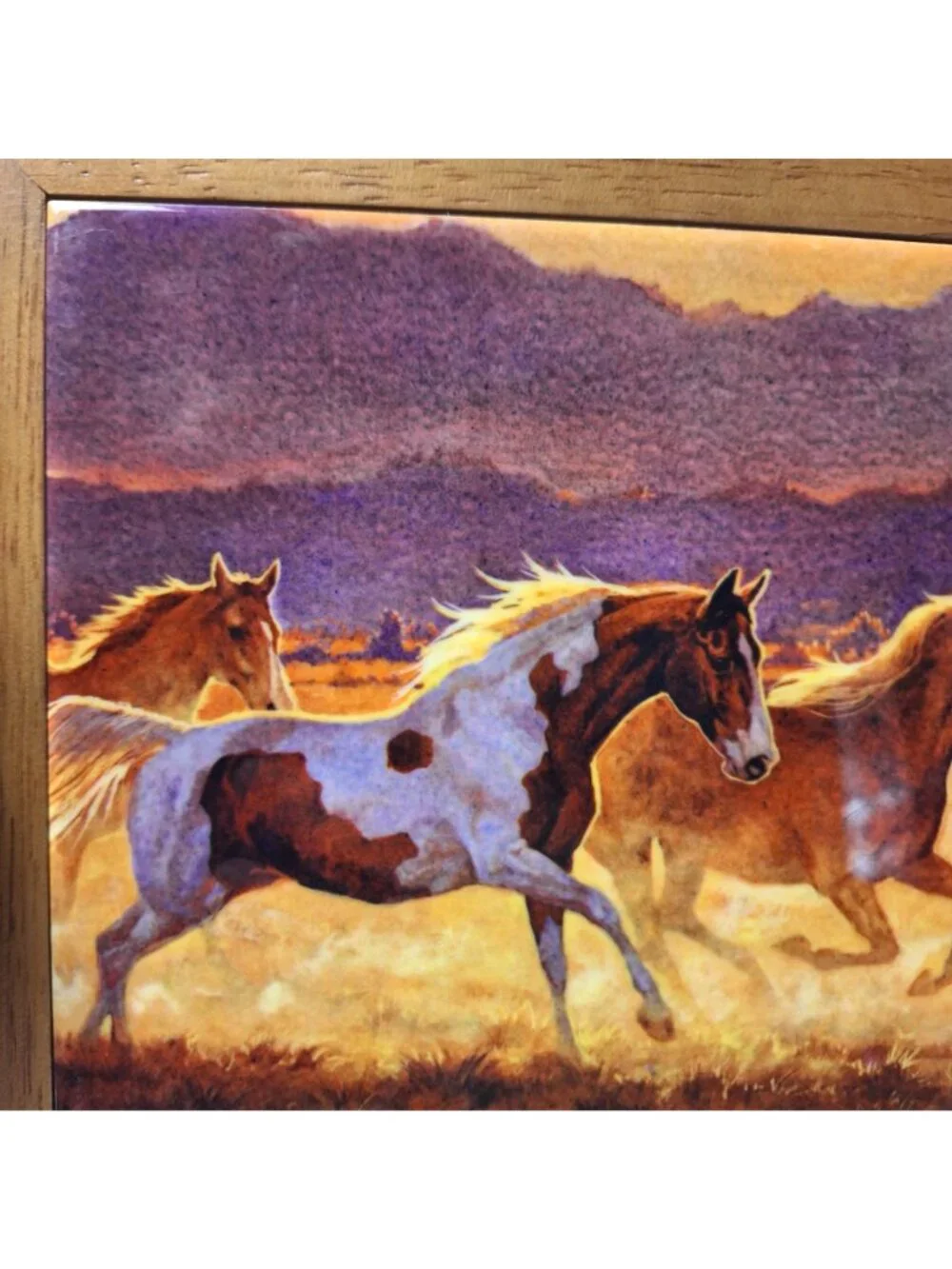 SET OF (2) CYPRESS HOME CERAMIC TRIVET/WALL HANGING RUSTIC WOODEN FRAME HORSES